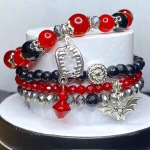 "Bite Night" 4pc Red, Black, & Silver Halloween Bracelet Stack